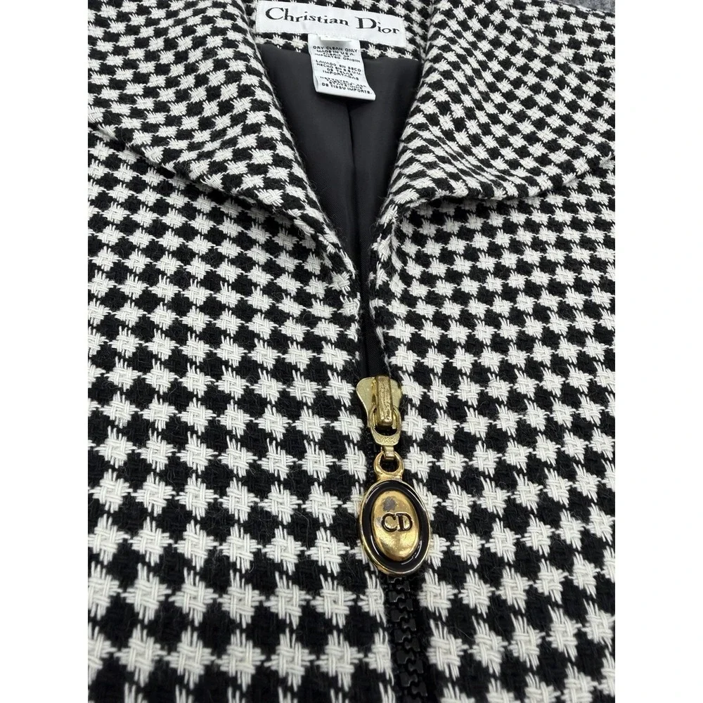 Vintage Christian Dior Women's 10P Crop Full Zip Houndstooth Jacket Blazer USA